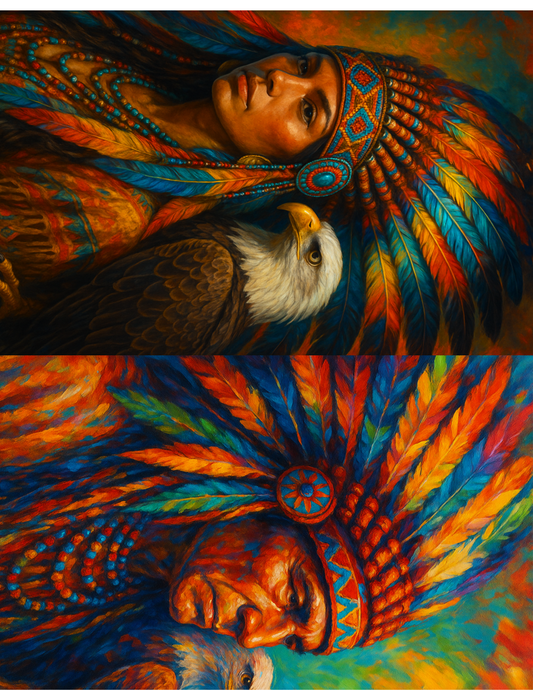 Rice Paper For Decoupage Red-skinned Indian Woman And Indian With A Plume On Her Head And An Eagle On Her Shoulder Collage Cat. No. 4597