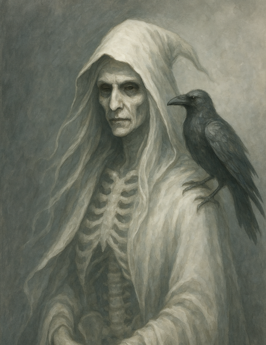 Rice Paper For Decoupage Skeleton In A Hood With A Raven On His Shoulder Full Cat. No. 4601
