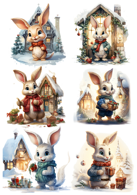 Rice Paper For Decoupage Winter Christmas Bunny Collage Cat. No.4650