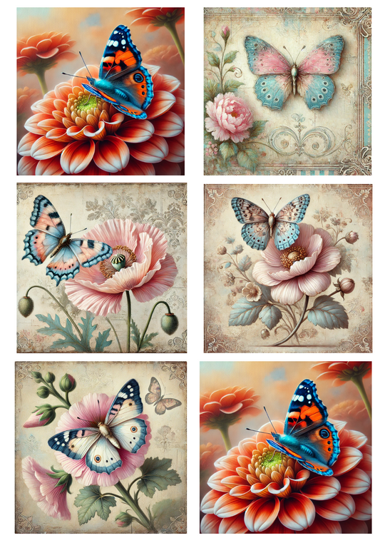 Rice Paper For Decoupage Butterflies On Flower Collage Cat. No. 4651