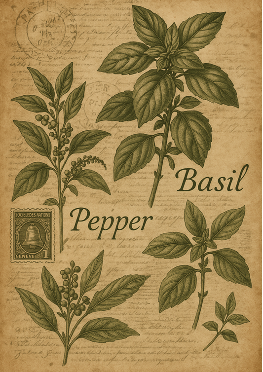 Rice Paper For Decoupage Basil And Pepper On Old Letter Vintage Cat. No. 4655