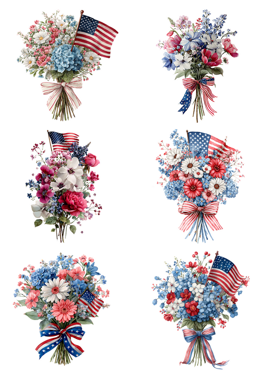 Rice Paper For Decoupage Flower Bouquets With American Flag For Independence Day Collage Cat. No. 4656