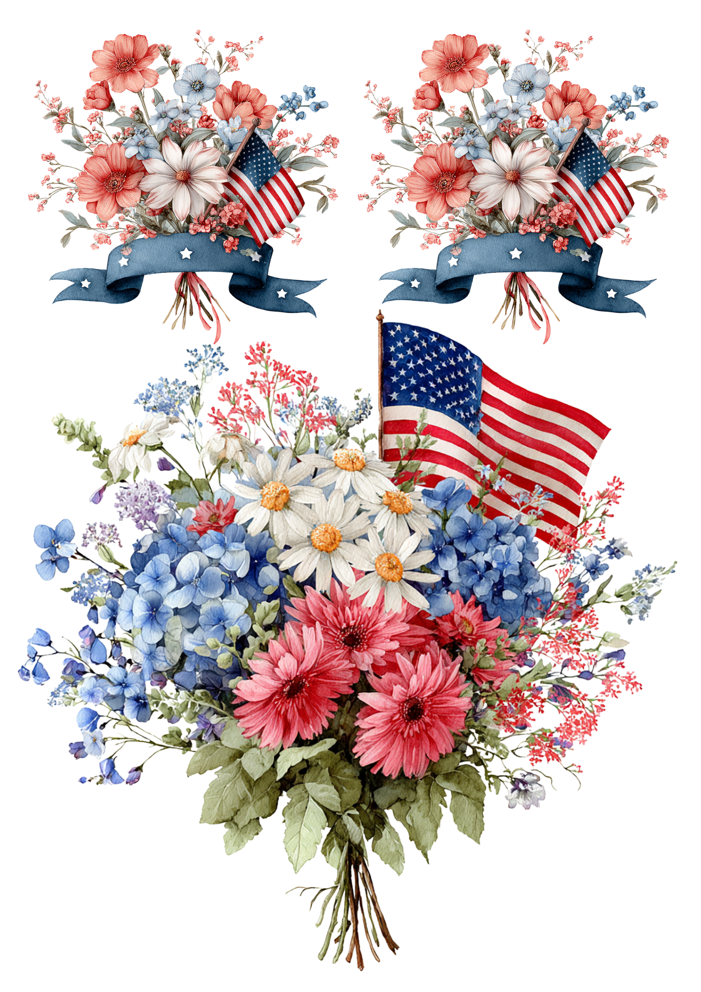 Rice Paper For Decoupage Flower Bouquets With American Flag For Independence Day Collage Cat. No. 4657