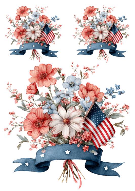 Rice Paper For Decoupage Flower Bouquets With American Flag For Independence Day Collage Cat. No. 4658