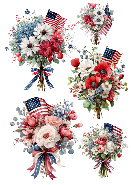 Rice Paper For Decoupage Flower Bouquets With American Flag For Independence Day Collage Cat. No. 4661