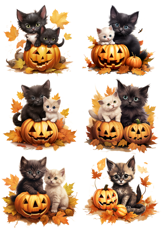 Rice Paper For Decoupage Halloween Little Kittens On Pumpkins Cat. No. 4665