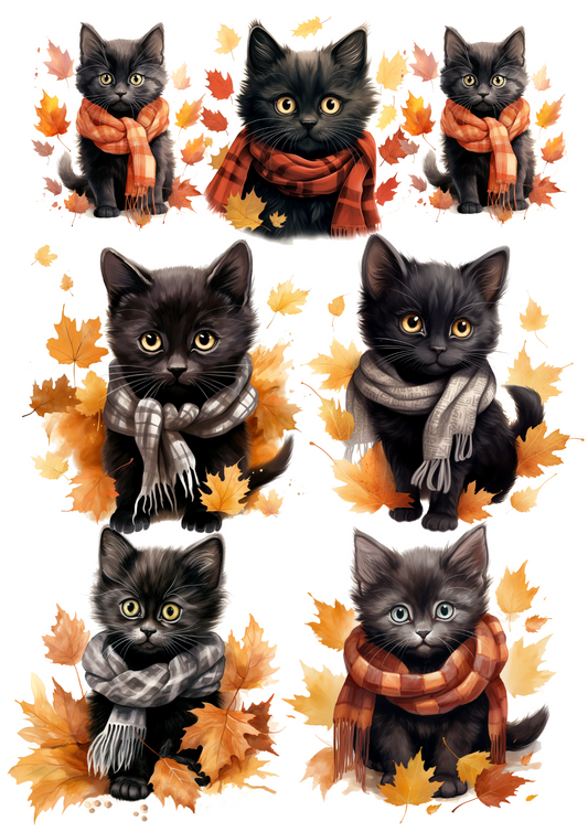 Rice Paper For Decoupage Halloween Autumn Black Little Cats In Scarves Cat. No. 4667