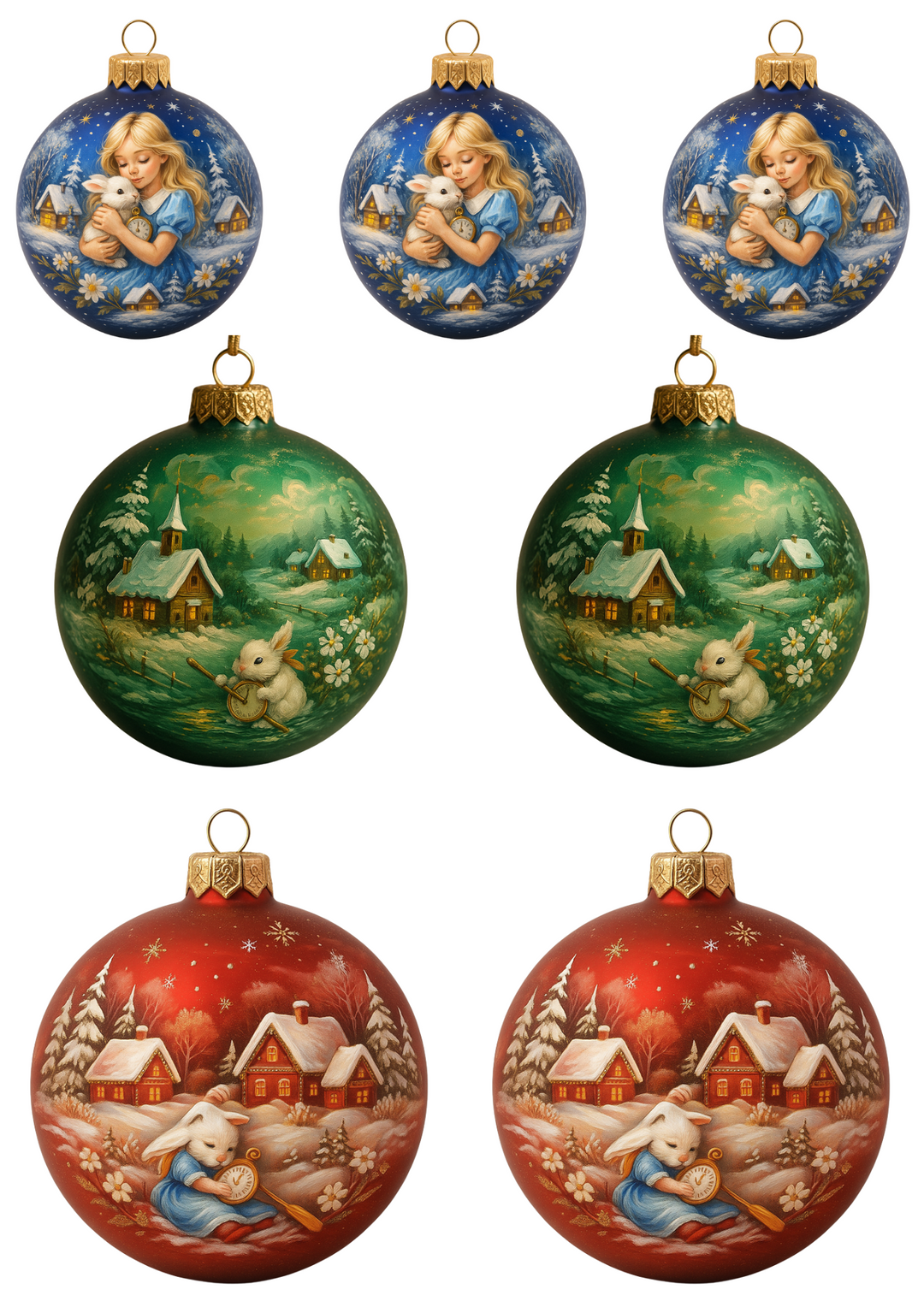 Rice Paper For Decoupage Traditional Christmas Baubles Decorated With Alice In Wonderland Motif Collage Cat. No. 4683