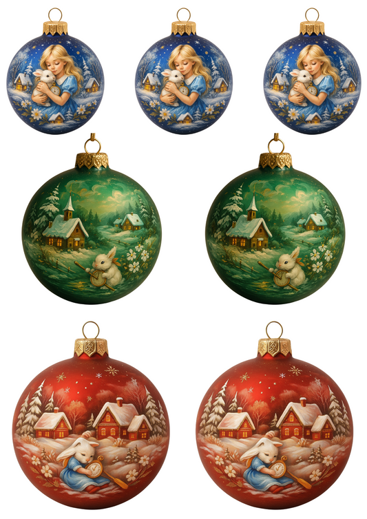 Rice Paper For Decoupage Traditional Christmas Baubles Decorated With Alice In Wonderland Motif Collage Cat. No. 4683