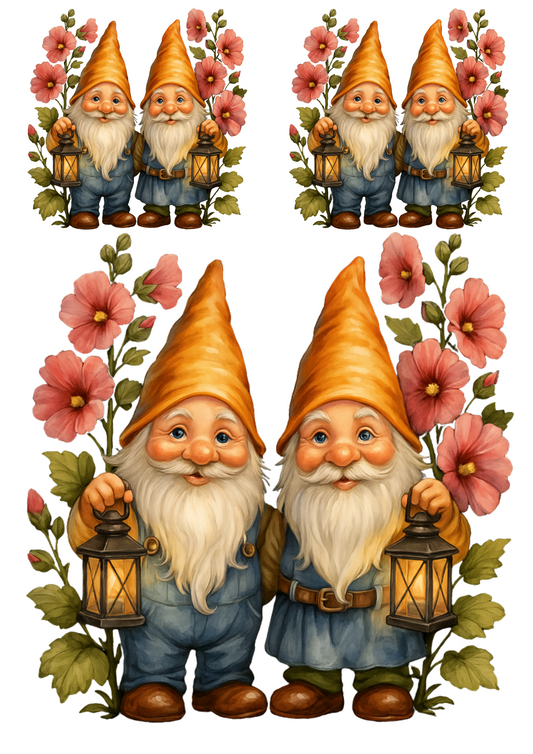 Rice Paper For Decoupage Gnomes In Flowers Hollyhocks Collage Cat. No. 4689