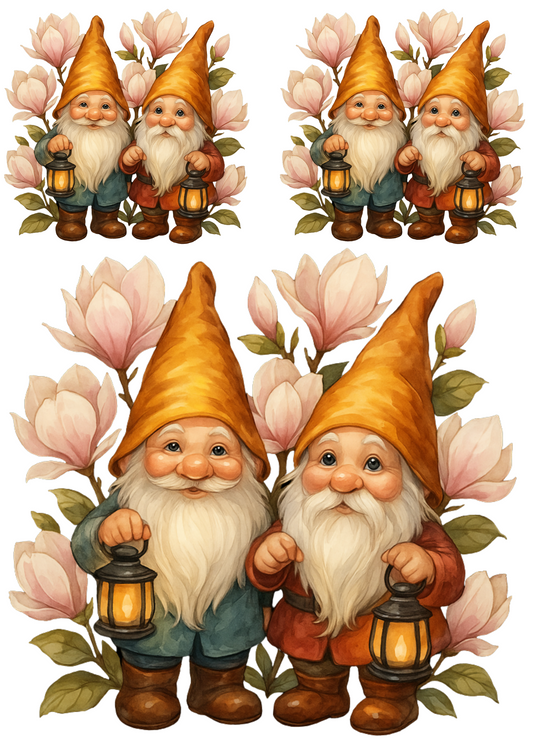 Rice Paper For Decoupage Gnomes In Magnolia Flowers Collage Cat. No. 4690
