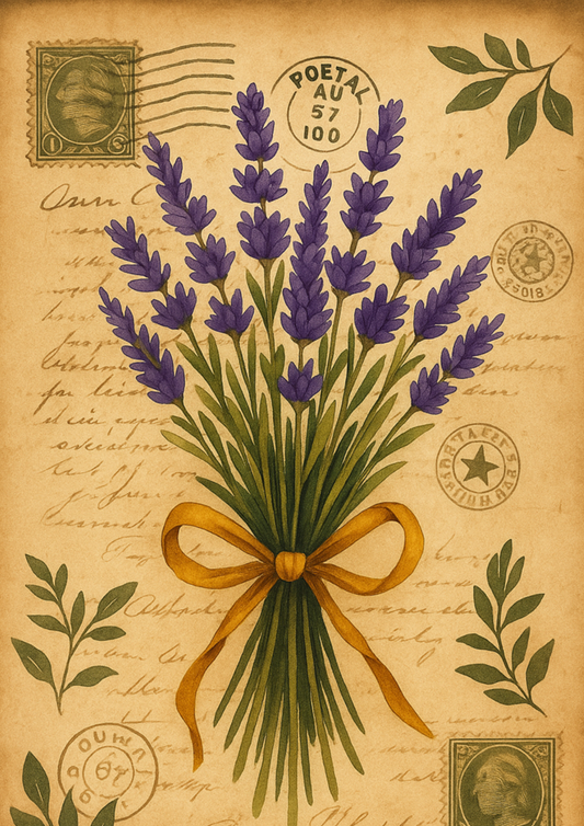 Rice Paper For Decoupage Lavender Bouquet On Old Postcard Full Cat. No. 4691