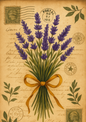 Rice Paper For Decoupage Lavender Bouquet On Old Postcard Full Cat. No. 4691