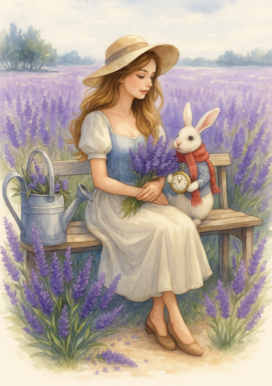 Rice Paper For Decoupage Alice In Wonderland With White Rabbit In Lavender Field Full Cat. No. 4693