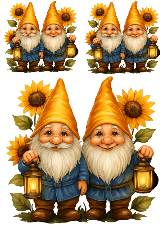 Rice Paper For Decoupage Gnomes In Sunflowers Collage Cat. No. 4695