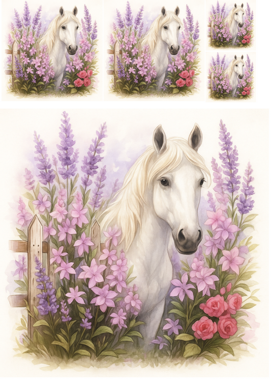 Rice Paper For Decoupage White Horse In Lavender Collage Cat. No. 4698