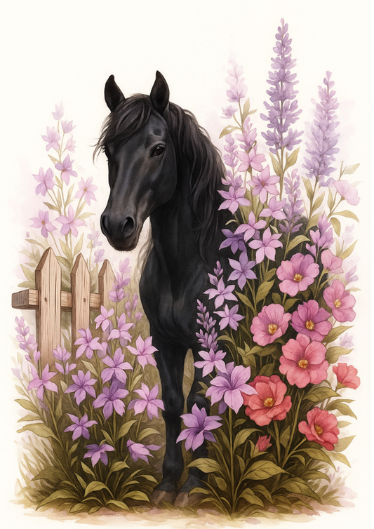 Rice Paper For Decoupage Black Horse In Lavender Collage Cat. No. 4699