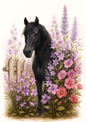 Rice Paper For Decoupage Black Horse In Lavender Collage Cat. No. 4699