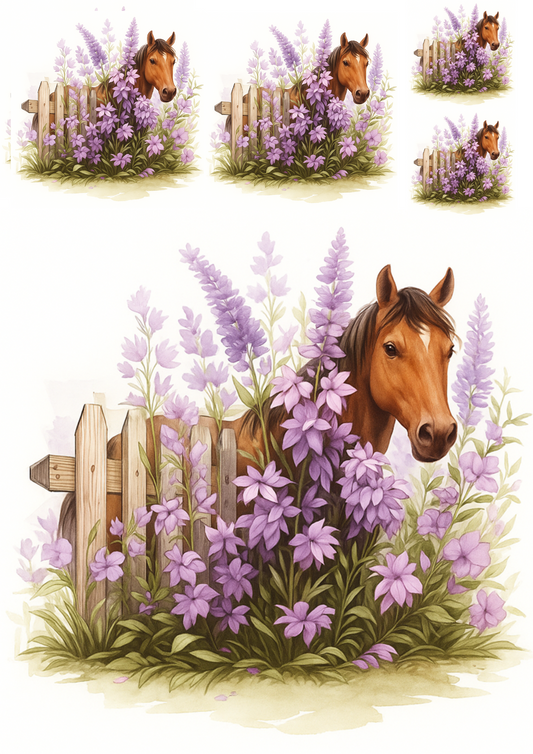 Rice Paper For Decoupage Bay Horse In Lavender Collage Cat. No. 4700