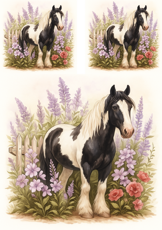 Rice Paper For Decoupage Black and White Horse In Lavender Collage Cat. No. 4701