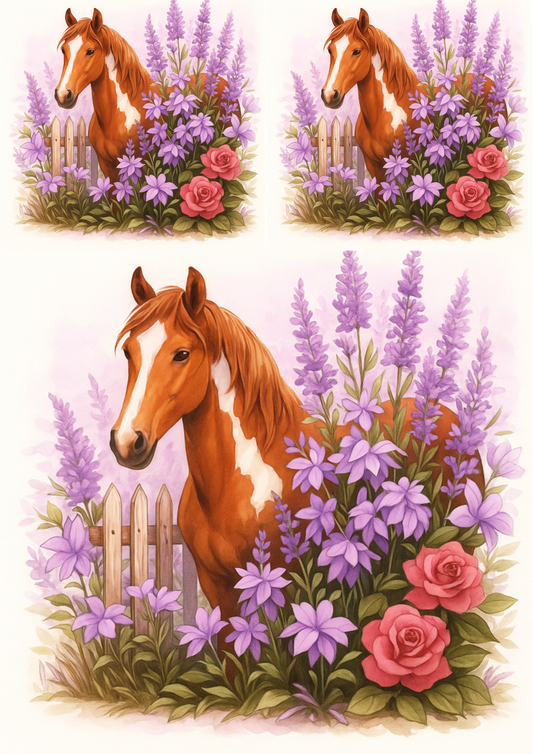 Rice Paper For Decoupage White Brown Horse In Lavender Collage Cat. No. 4702