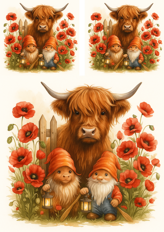 Rice Paper Decoupage Highland Cow In Red Poppies And Gnomes Collage Cat. No. 4704