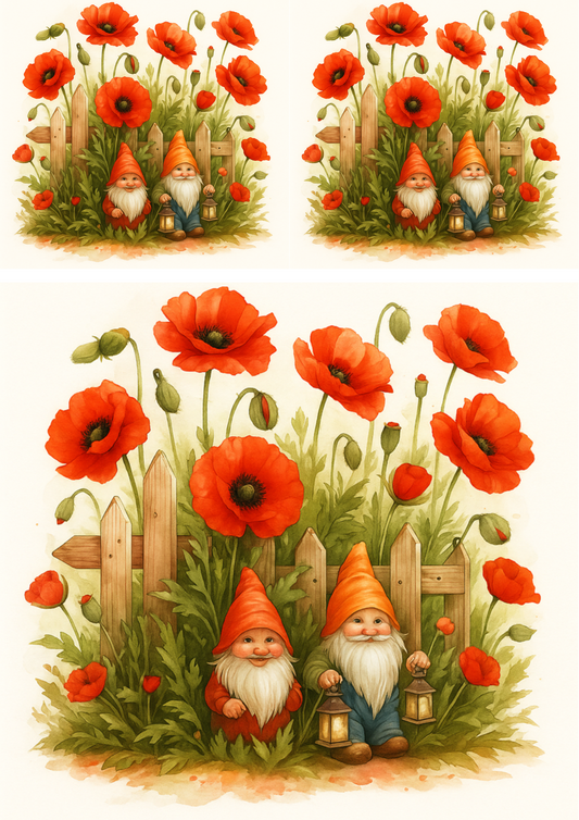 Rice Paper Decoupage Gnoma In Red Poppies Collage Cat. No. 4705