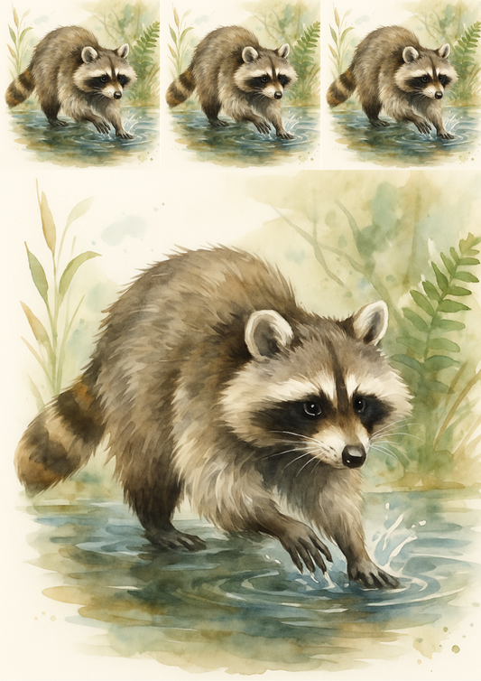 Rice Paper For Decoupage Raccoon In Puddle Collage Cat. No. 4715