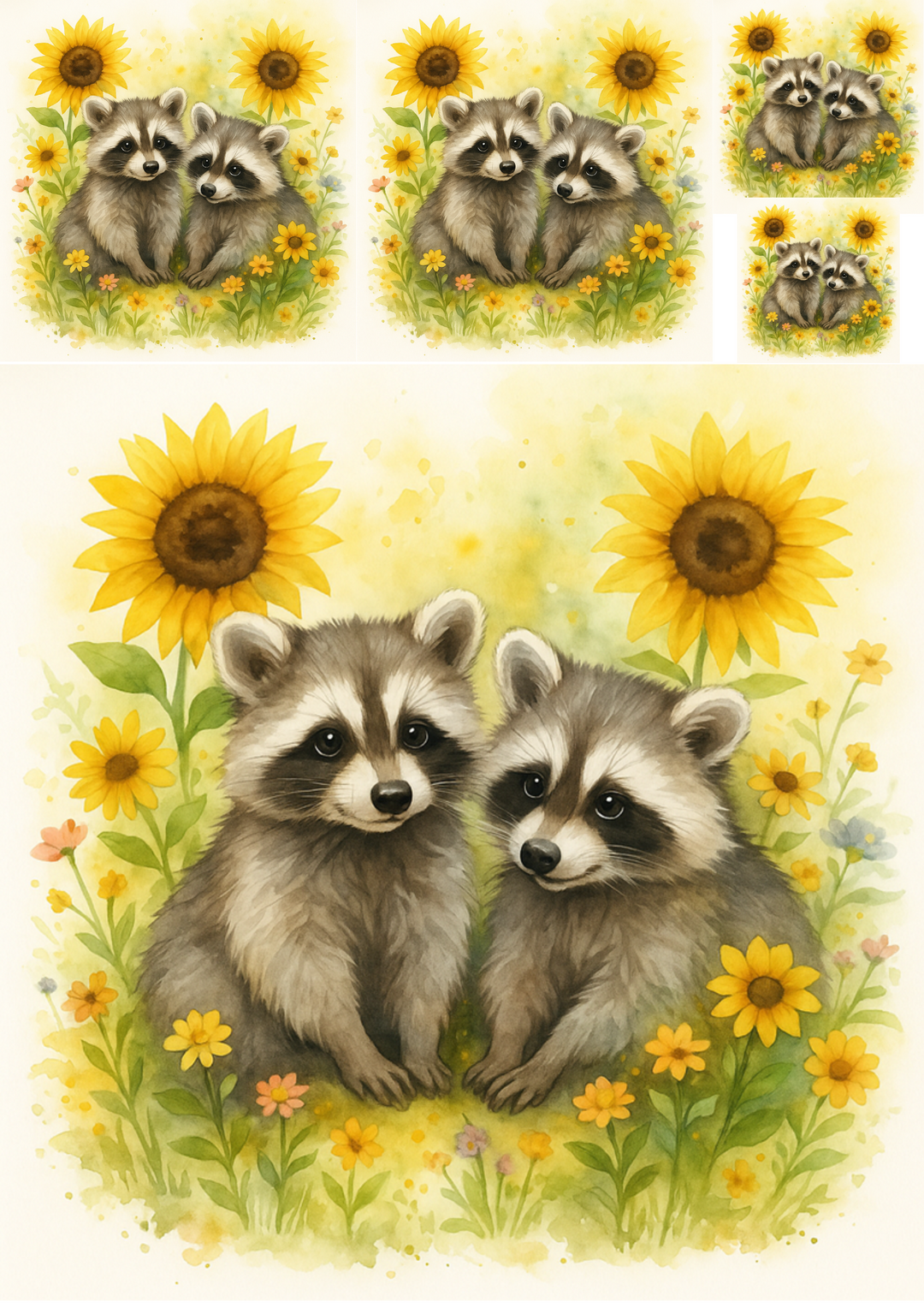 Rice Paper For Decoupage Raccoons In Sunflowers Collage Cat. No. 4718
