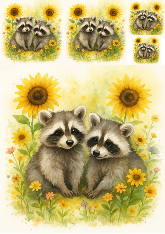 Rice Paper For Decoupage Raccoons In Sunflowers Collage Cat. No. 4718