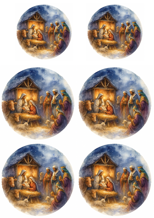 Rice Paper For Decoupage The Holy Family And The Three Kings In Bethlehem In Circles Collage Cat. No. 4738