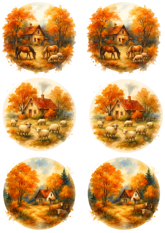 Rice Paper For Decoupage Autumn Farm In Circles Collage Cat. No. 4747