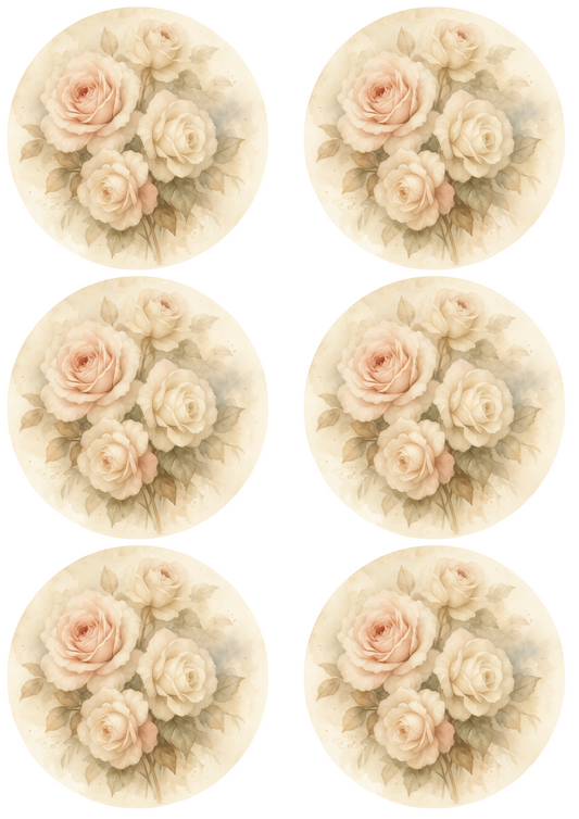 Rice Paper For Decoupage Cream Roses Shabby Chic In Circles Collage Cat. No. 4750