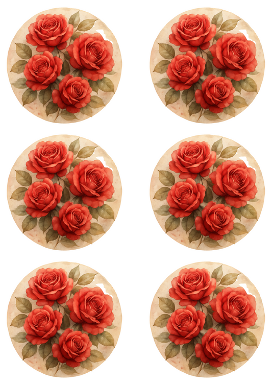 Rice Paper For Decoupage Red Roses Shabby Chic In Circles Collage Cat. No. 4751