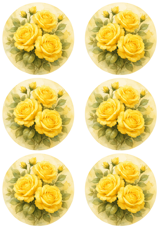 Rice Paper For Decoupage Yellow Roses Shabby Chic In Circles Collage Cat. No. 4753