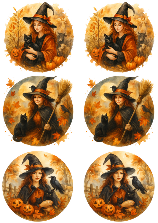 Rice Paper For Decoupage Witch With Black Cat In Circles Collage Cat. No. 4756