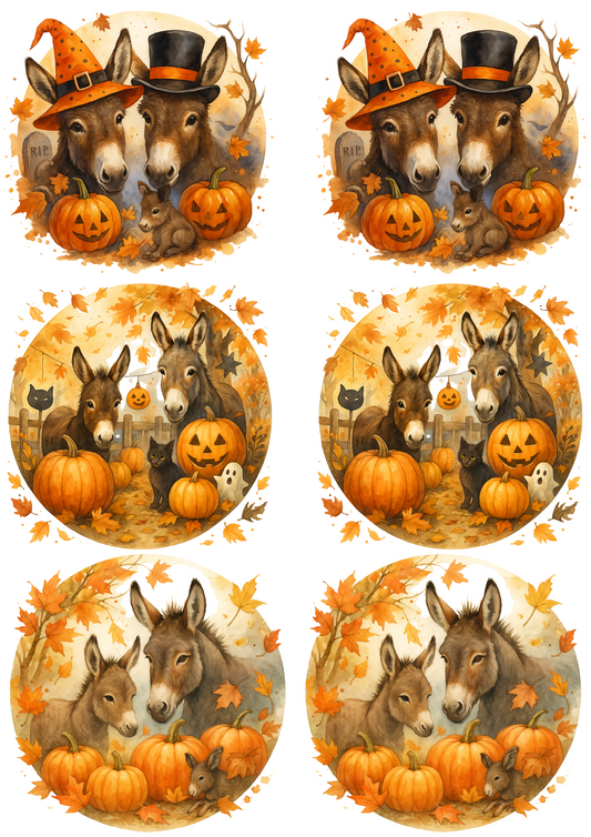 Rice Paper For Decoupage Donkeys And Pumpkins Halloween In Circles Collage Cat. No. 4757