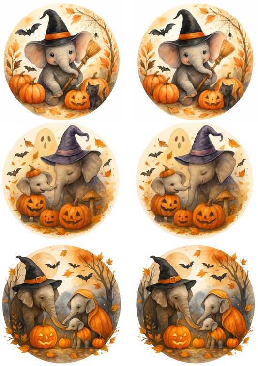Rice Paper For Decoupage Elephants And Pumpkins Halloween In Circles Collage Cat. No. 4758