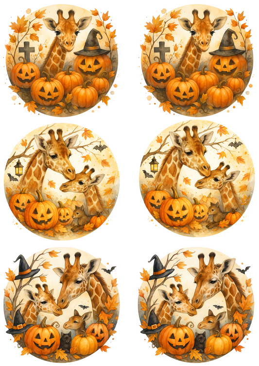 Rice Paper For Decoupage Giraffes And Pumpkins Halloween In Circles Collage Cat. No. 4759