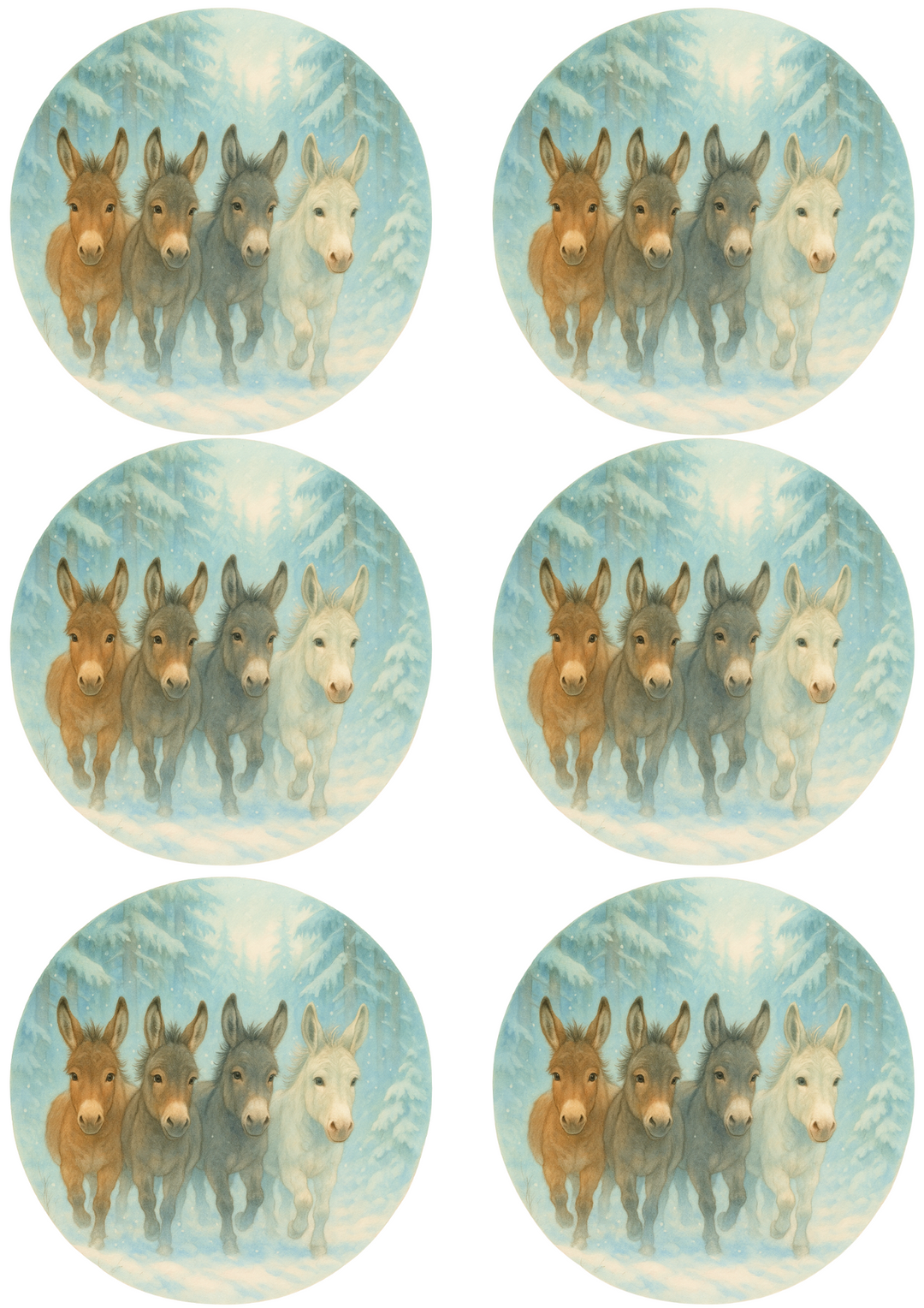 Rice Paper For Decoupage Running Donkeys In Winter In Circles Collage Cat. No. 4762