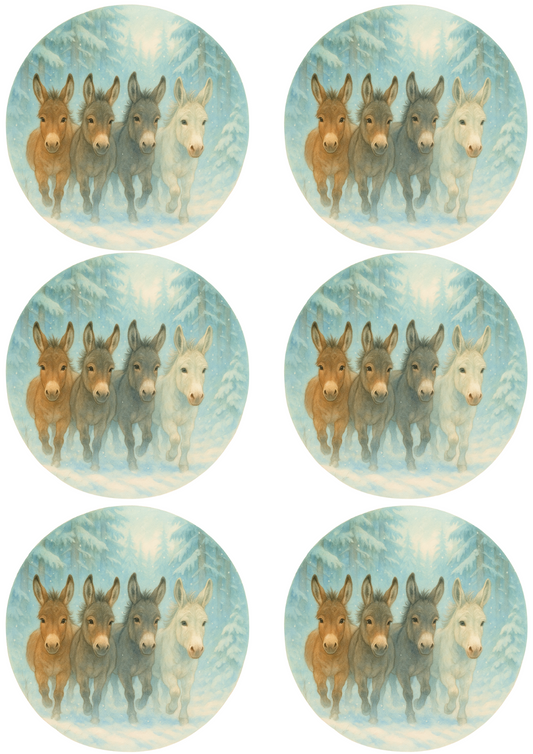 Rice Paper For Decoupage Running Donkeys In Winter In Circles Collage Cat. No. 4762