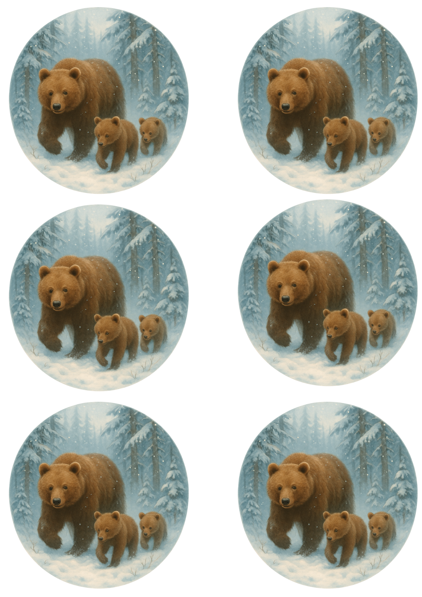 Rice Paper For Decoupage Bear Family In Winter In Circles Collage Cat. No. 4763