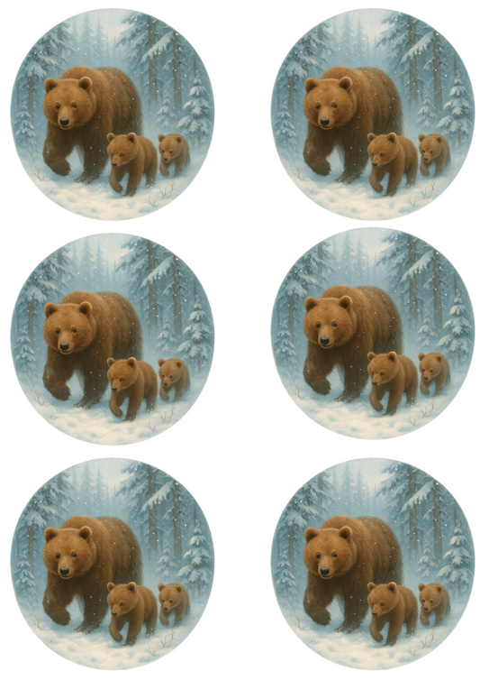Rice Paper For Decoupage Bear Family In Winter In Circles Collage Cat. No. 4763