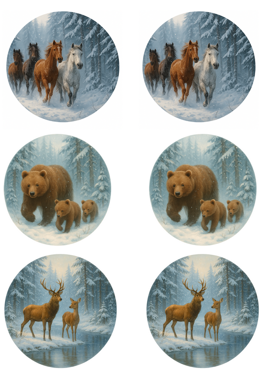 Rice Paper For Decoupage Various Winter Animals In Circles Collage Cat. No. 4764