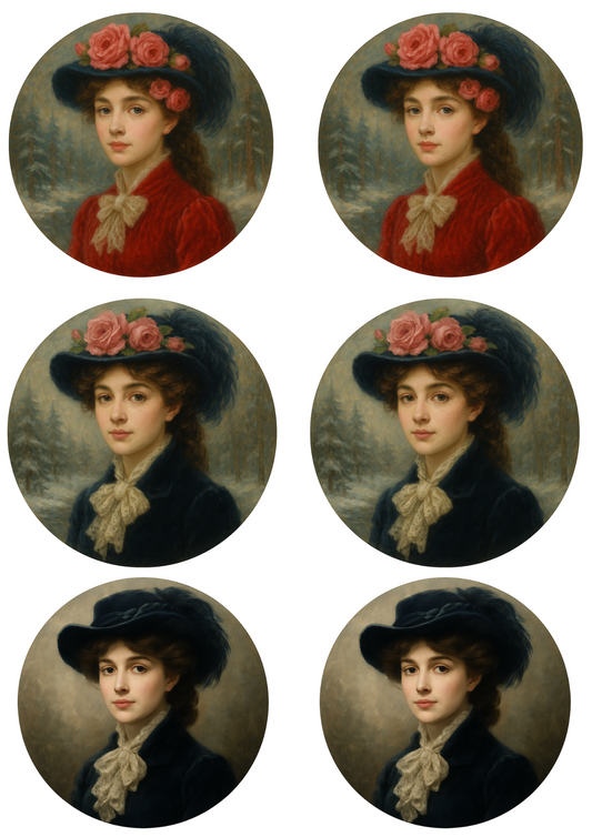Rice Paper Decoupage Victorian Woman in a Hat in Circles Collage Cat. No. 4770