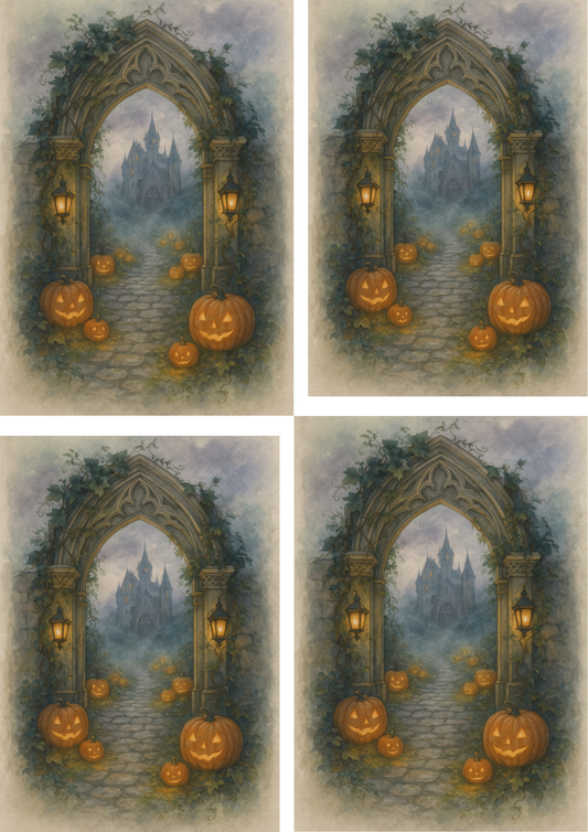 Rice Paper For Decoupage Gothic Halloween Gate To The Castle  Collage Cat. No. 4773