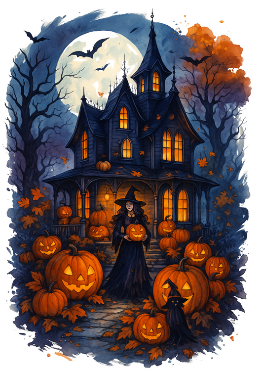 Rice Paper For Decoupage Witch In Front Of Halloween Castle With Pumpkins Full Of Cat. No. 4780
