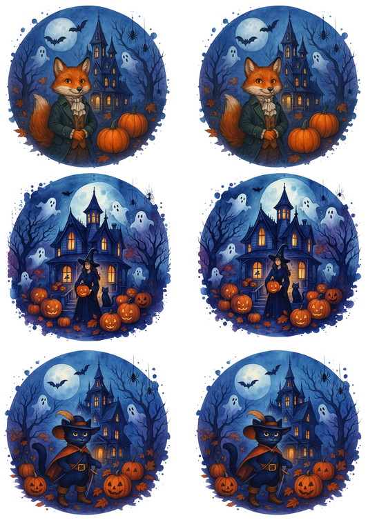 Rice Paper For Decoupage Witch In Front Of Halloween Castle With Pumpkins In Circles Collage Cat. No. 4781