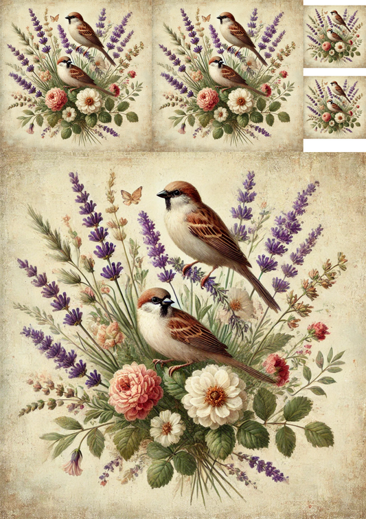 Rice Paper For Decoupage Sparrows In A Bouquet Of Heather Collage Cat. No. 4786