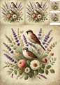 Rice Paper For Decoupage Sparrows In A Bouquet Of Heather Collage Cat. No. 4786